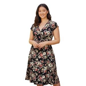 Vibe Sportswear Plus Size 2X Black Floral Print Wrap Dress Feminine Dark Cottage